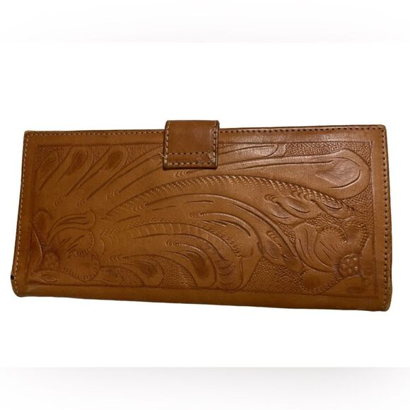 Tan/Orange Floral Faux Leather Large Wallet with Numerous Pockets - Picture 2 of 13